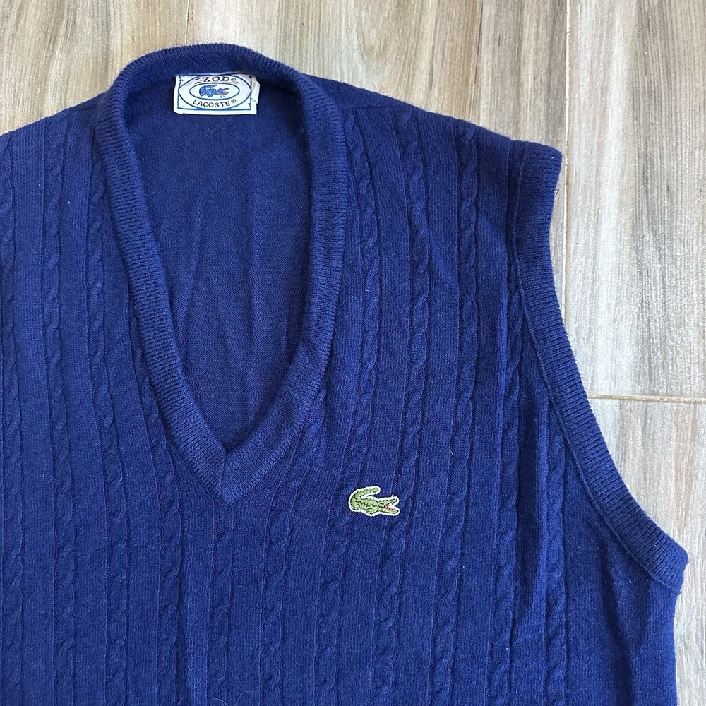 VTG Izod Lacoste Sweater Vest Blue XL Cable Knit Soft Fisherman Heritage Cabin
